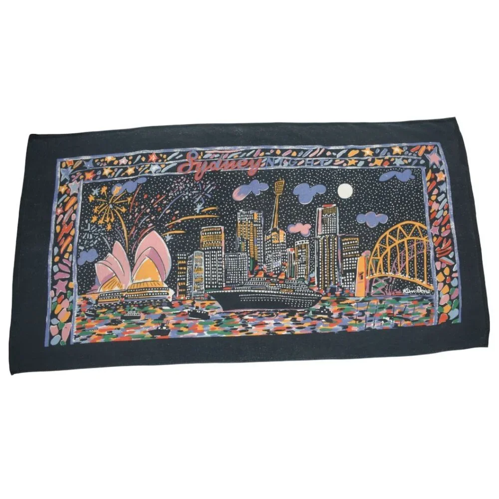 Rare Vintage 80s Ken Done Art Print Beach Towel Sydney Harbor at Night As Is